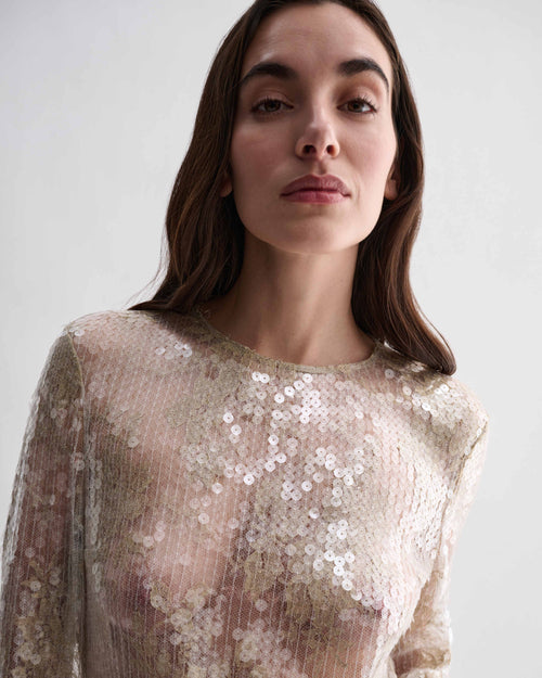 Dalia Top in Gold Lace Sequins, sheer long-sleeve women's top. Intricate golden lace pattern with shimmering sequins