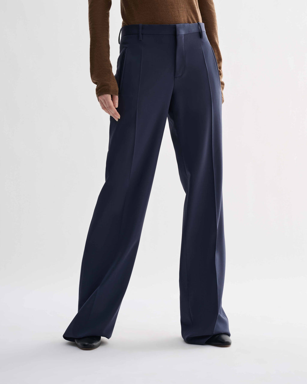 Dylan Trouser: Petrol Blue pure wool tailored straight-leg trousers with menswear references, styled on a model