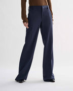 Dylan Trouser: Petrol Blue pure wool tailored straight-leg trousers with menswear references, styled on a model