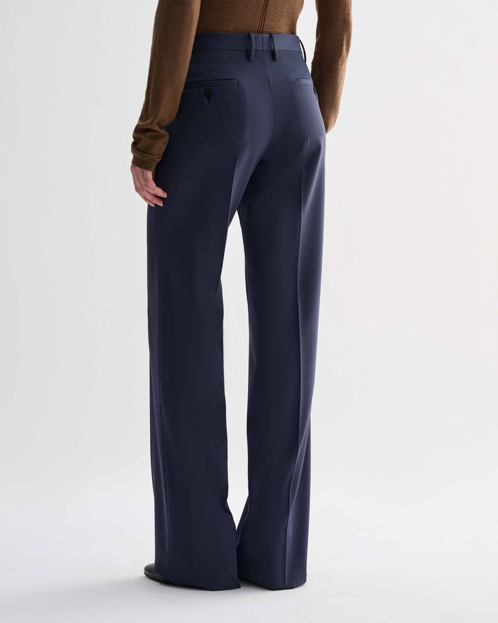 Dylan Trouser, petrol blue pure wool tailored straight-leg trousers, menswear style, rear view on model