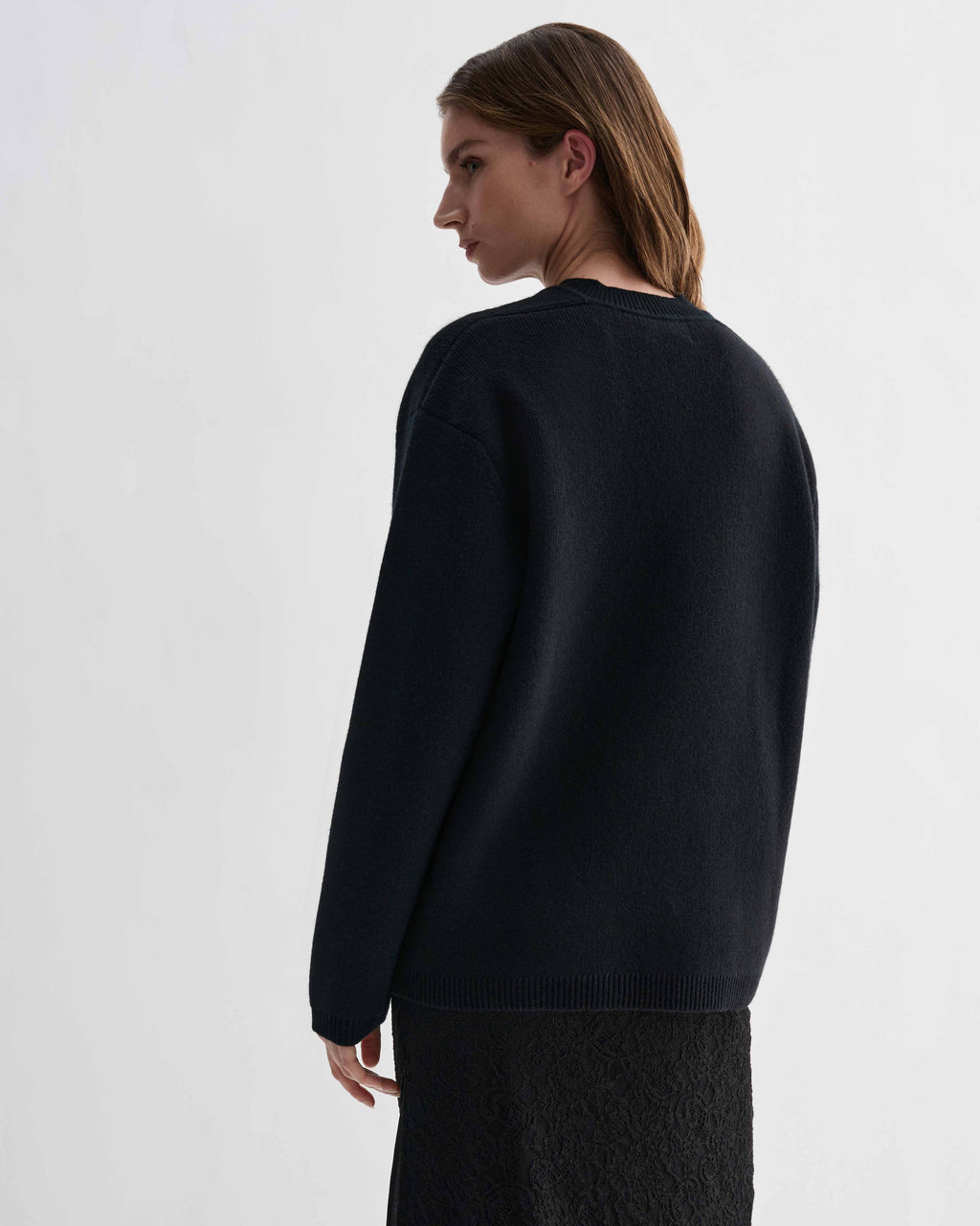 Black Elara cashmere sweater, relaxed fit with eased shoulder, dense, elevated knitwear