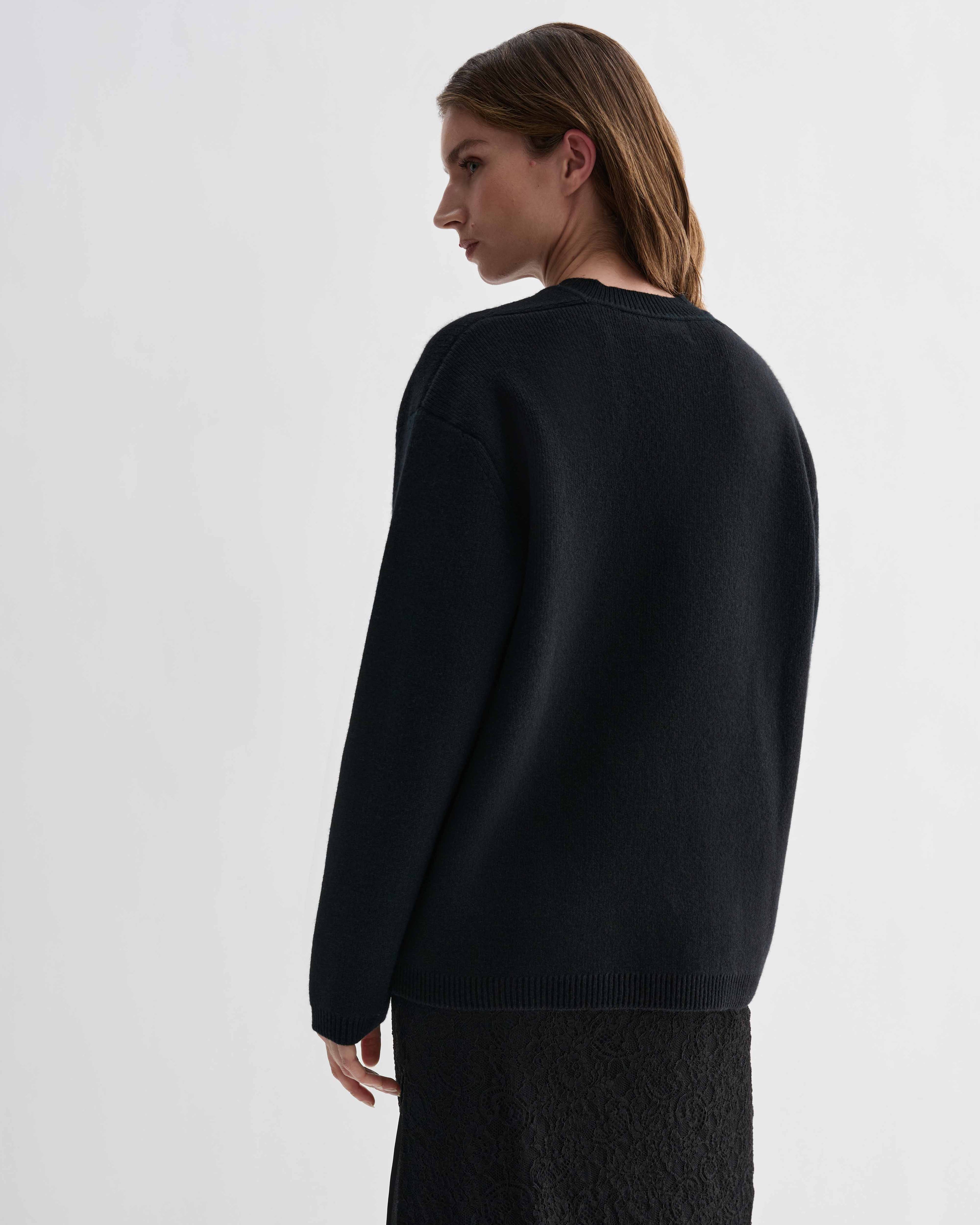 Black Elara cashmere sweater, relaxed fit with eased shoulder, dense, elevated knitwear