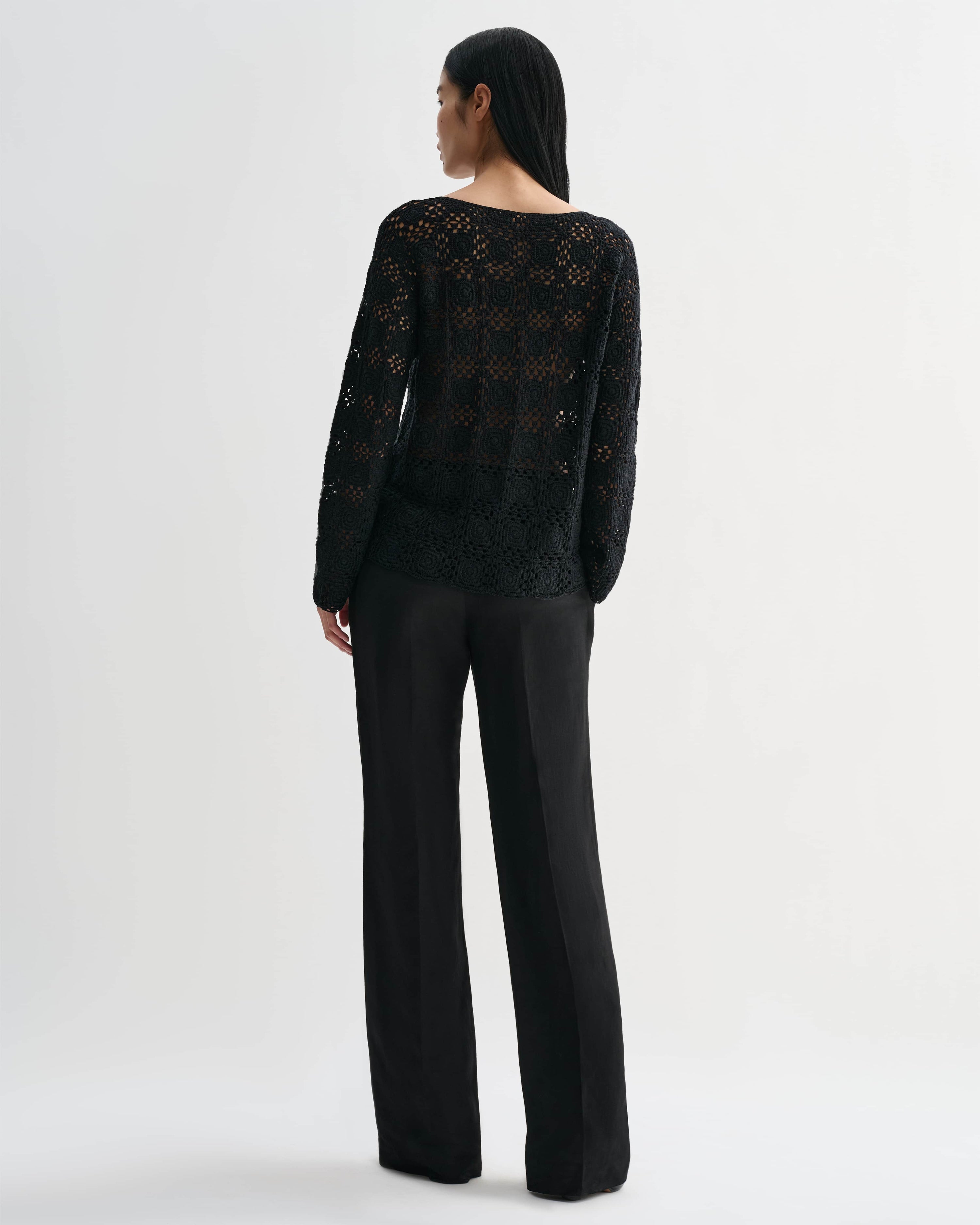 Black Elodie Top in Silk Crochet by Veronica De Piante, featuring intricate knitwear details and a stylish, fitted design.