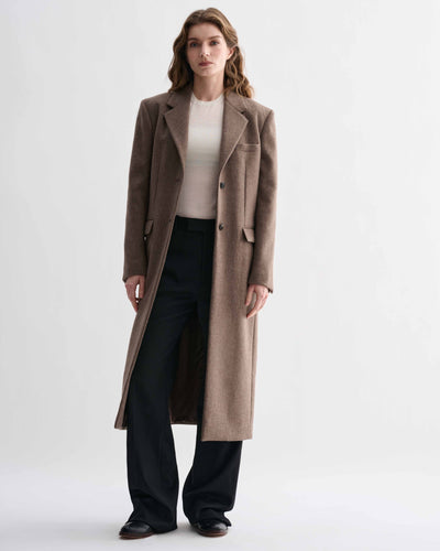 Freya oatmeal cashmere women's coat, Italian-made long overcoat with broad shoulders and roomy fit