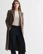 Luxury Italian Freya women's oatmeal wool cashmere long overcoat with broad shoulders and roomy fit