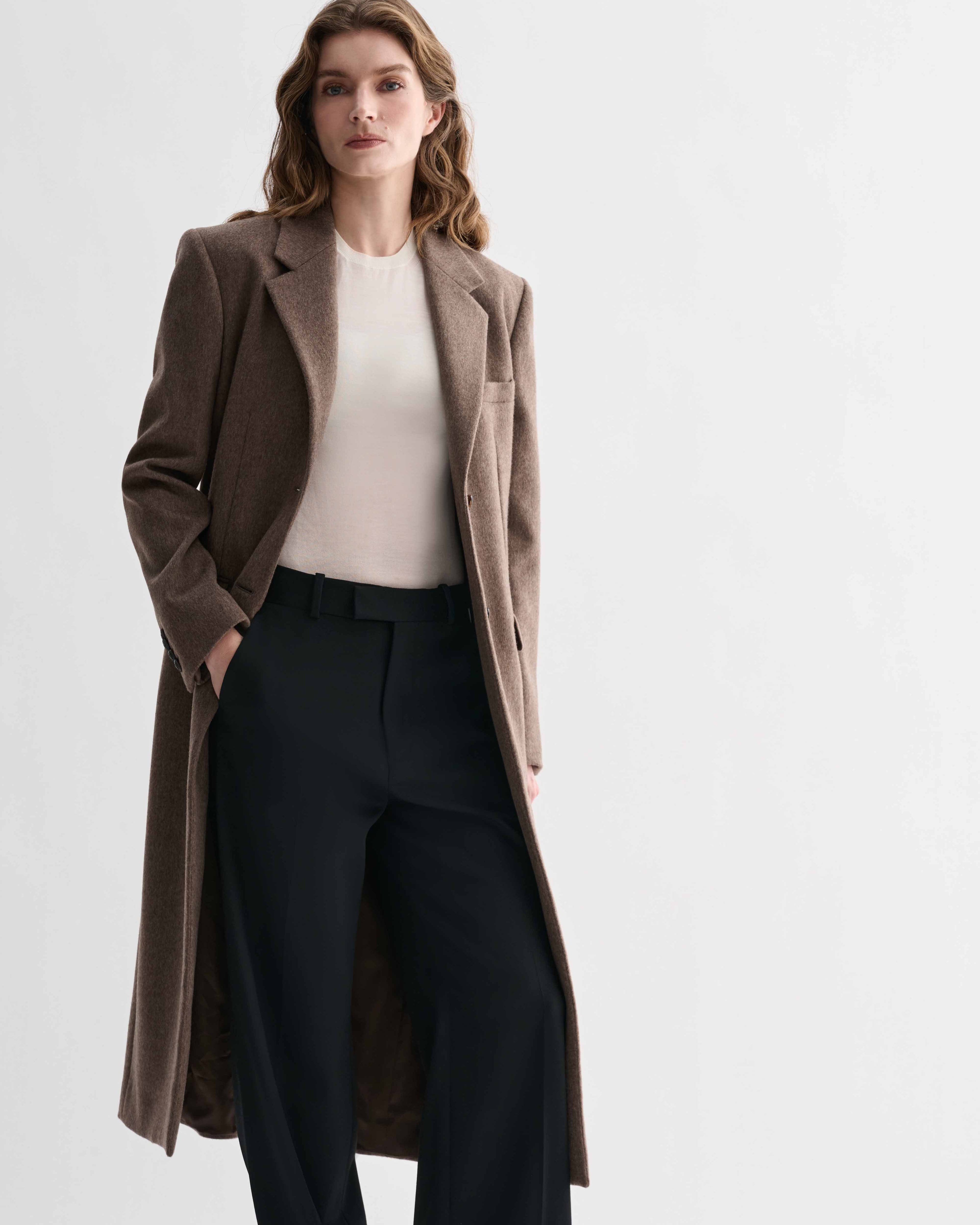 Luxury Italian Freya women's oatmeal wool cashmere long overcoat with broad shoulders and roomy fit