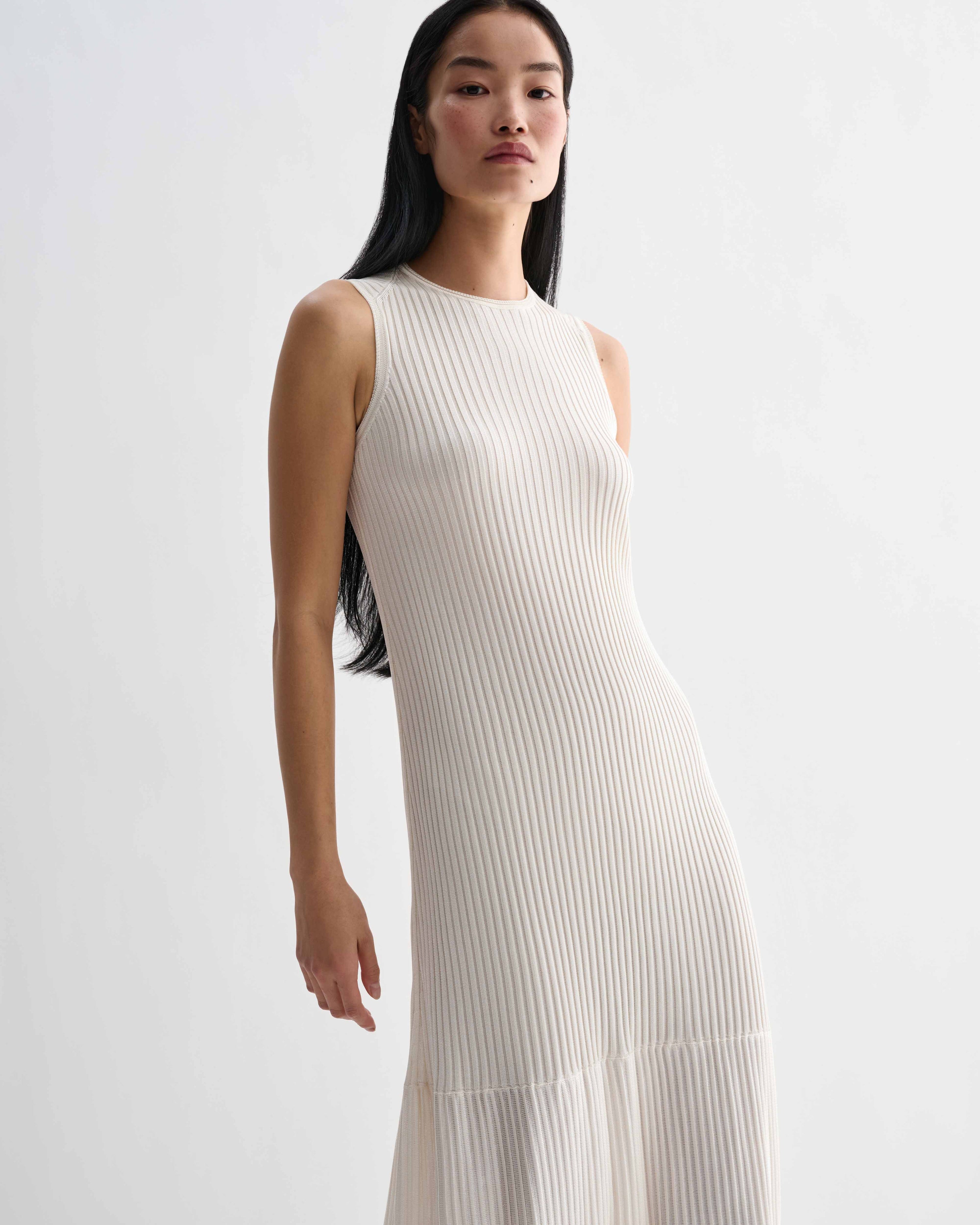 Off-white Gabby Dress by Veronica De Piante featuring a flowing viscose fabric, sleeveless design, and elegant silhouette.