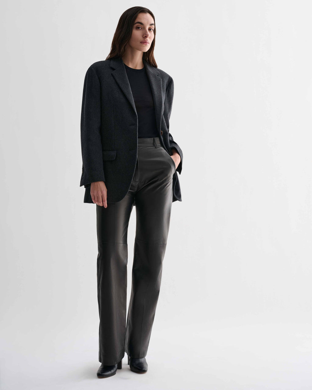 Grey cashmere Gio Jacket Tailored women's luxury blazer with classic lines modeled over black top and leather pants