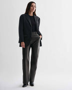 Grey cashmere Gio Jacket Tailored women's luxury blazer with classic lines modeled over black top and leather pants
