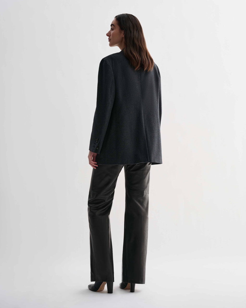Grey cashmere Gio Jacket, women's classic tailored blazer. Model shown from back