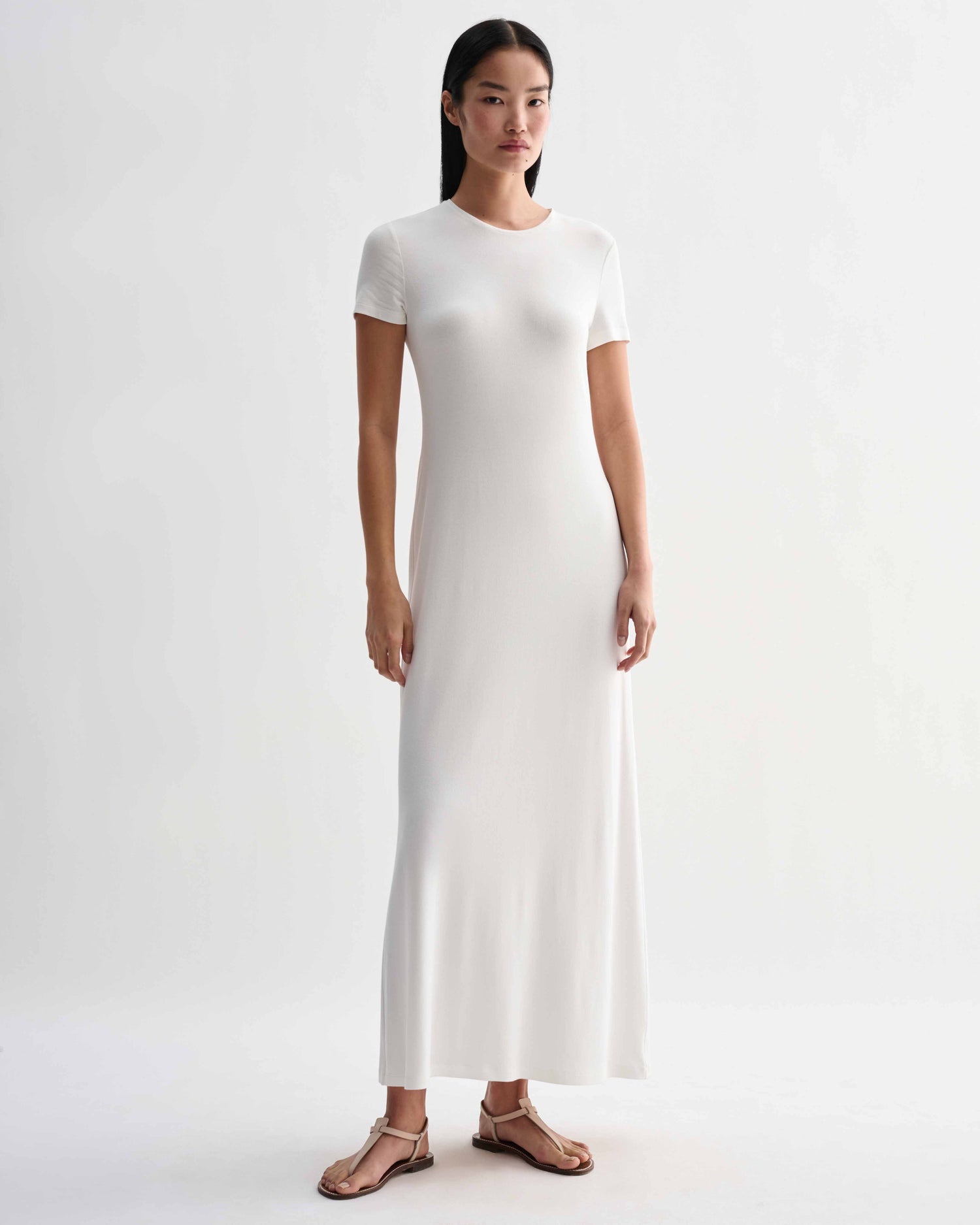 Veronica De Piante Harper dress in off-white stretch viscose jersey, showcasing a stylish, fitted dress with a sleek silhouette.