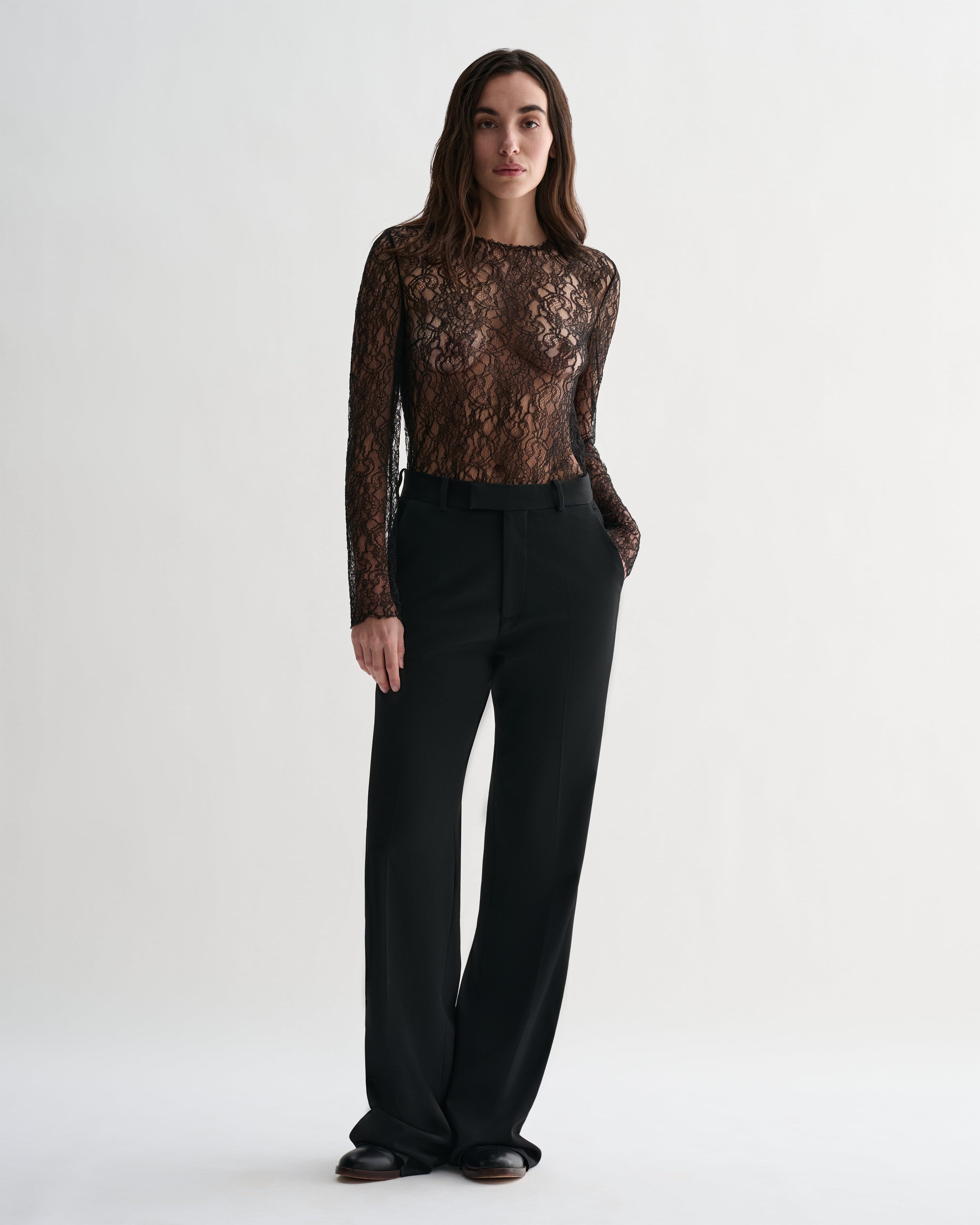 Black lace Isabel Top by Veronica De Piante featuring delicate lace fabric and a fitted silhouette.