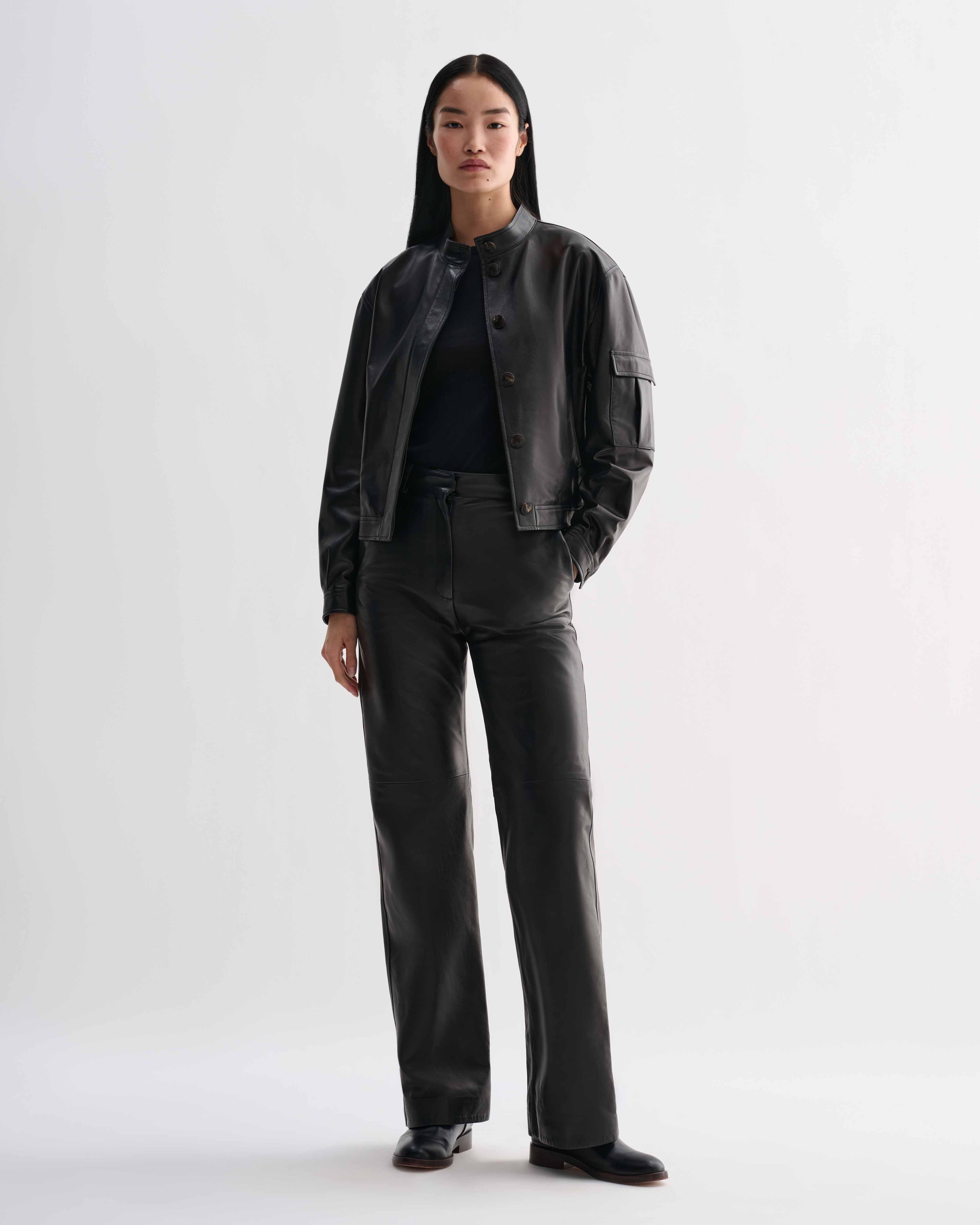 Black Juno jacket in soft Nappa leather by Veronica De Piante, featuring a sleek design and tailored fit.
