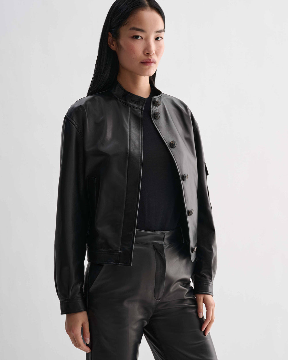 Black Juno Leather Jacket by Veronica De Piante, showcasing a sleek nappa leather coat with a tailored fit and classic design.