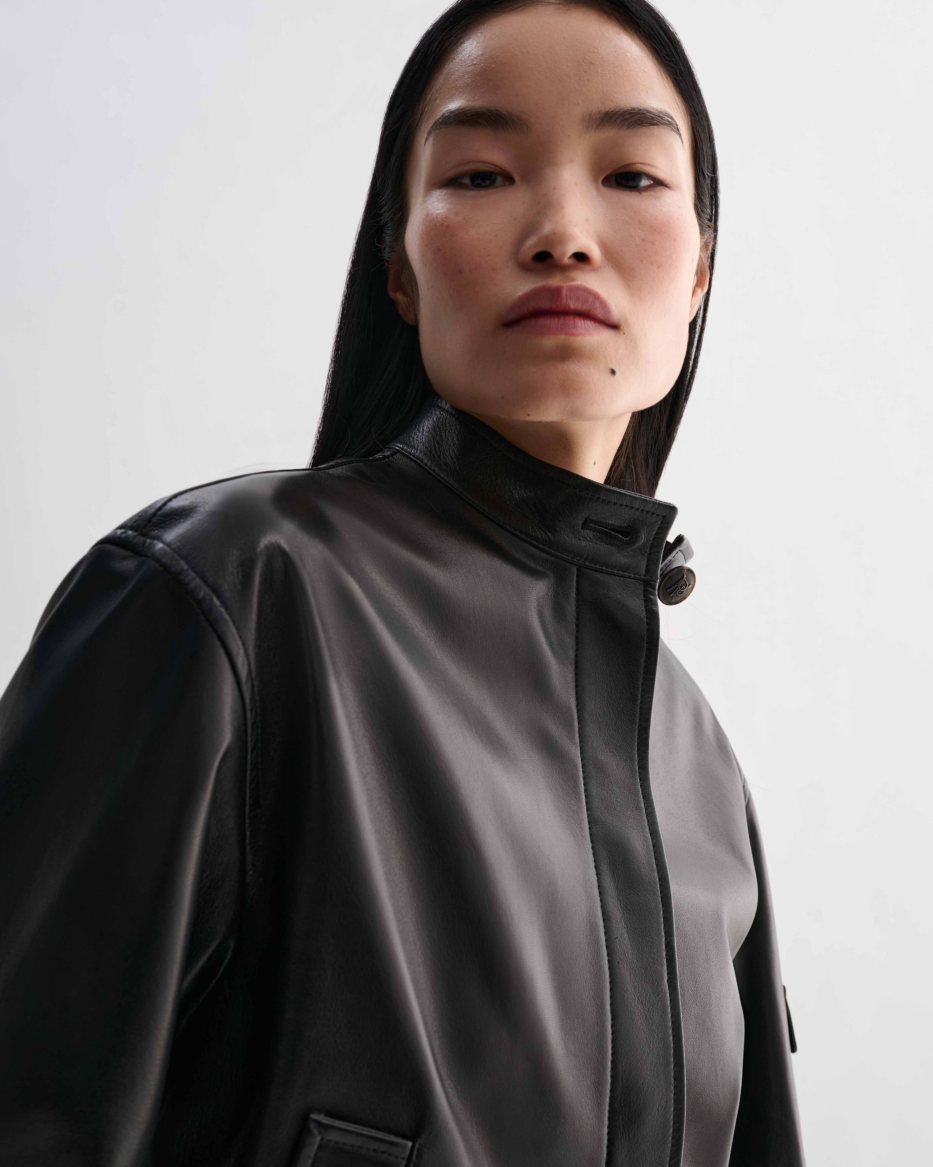 Black Juno leather jacket by Veronica De Piante, featuring sleek Nappa leather with a modern, fitted design.