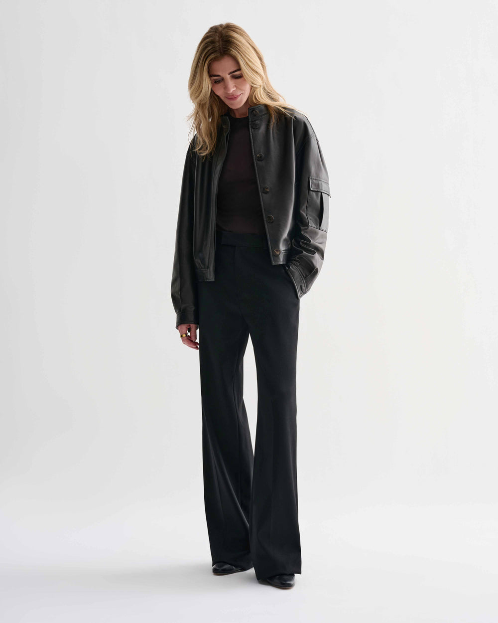Black Juno Nappa leather jacket by Veronica De Piante, stylish coat with sleek design and smooth leather texture.