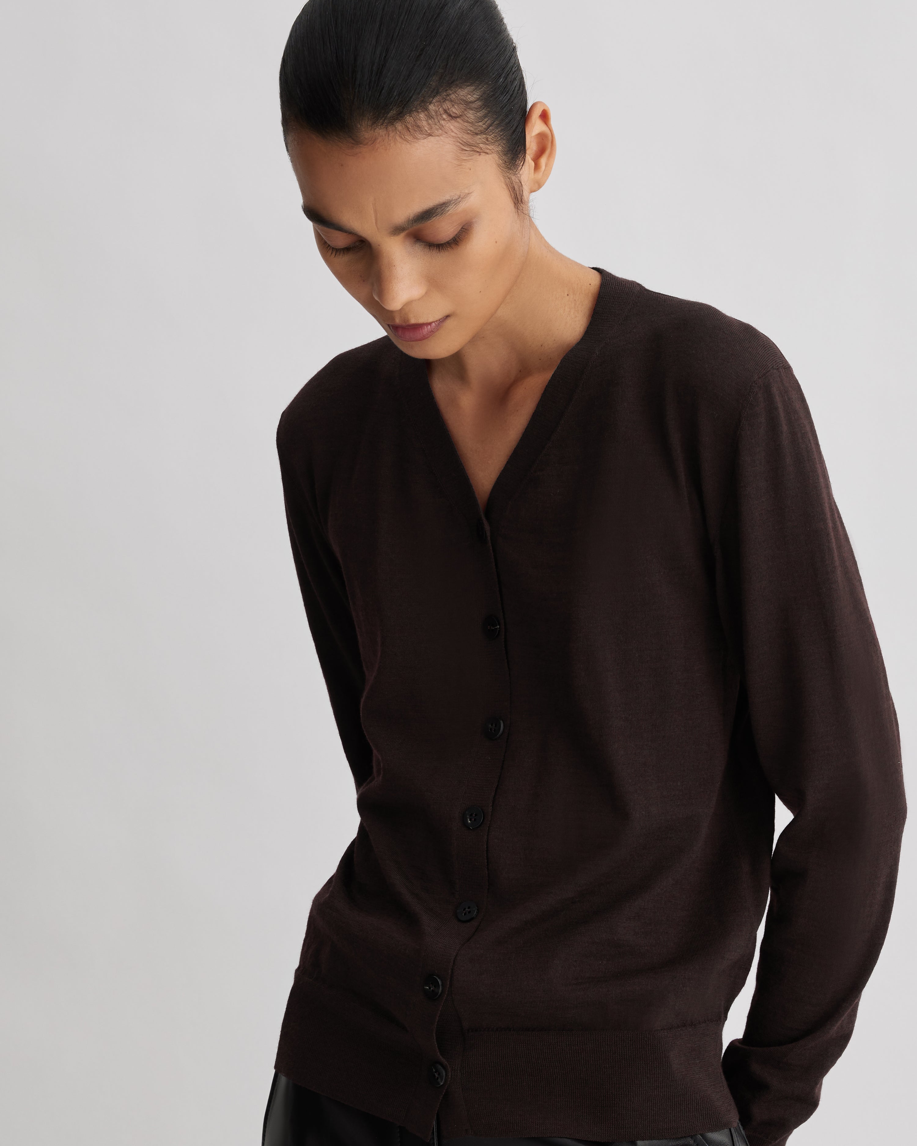 Katie Cardigan in Merino Wool,  Chocolate