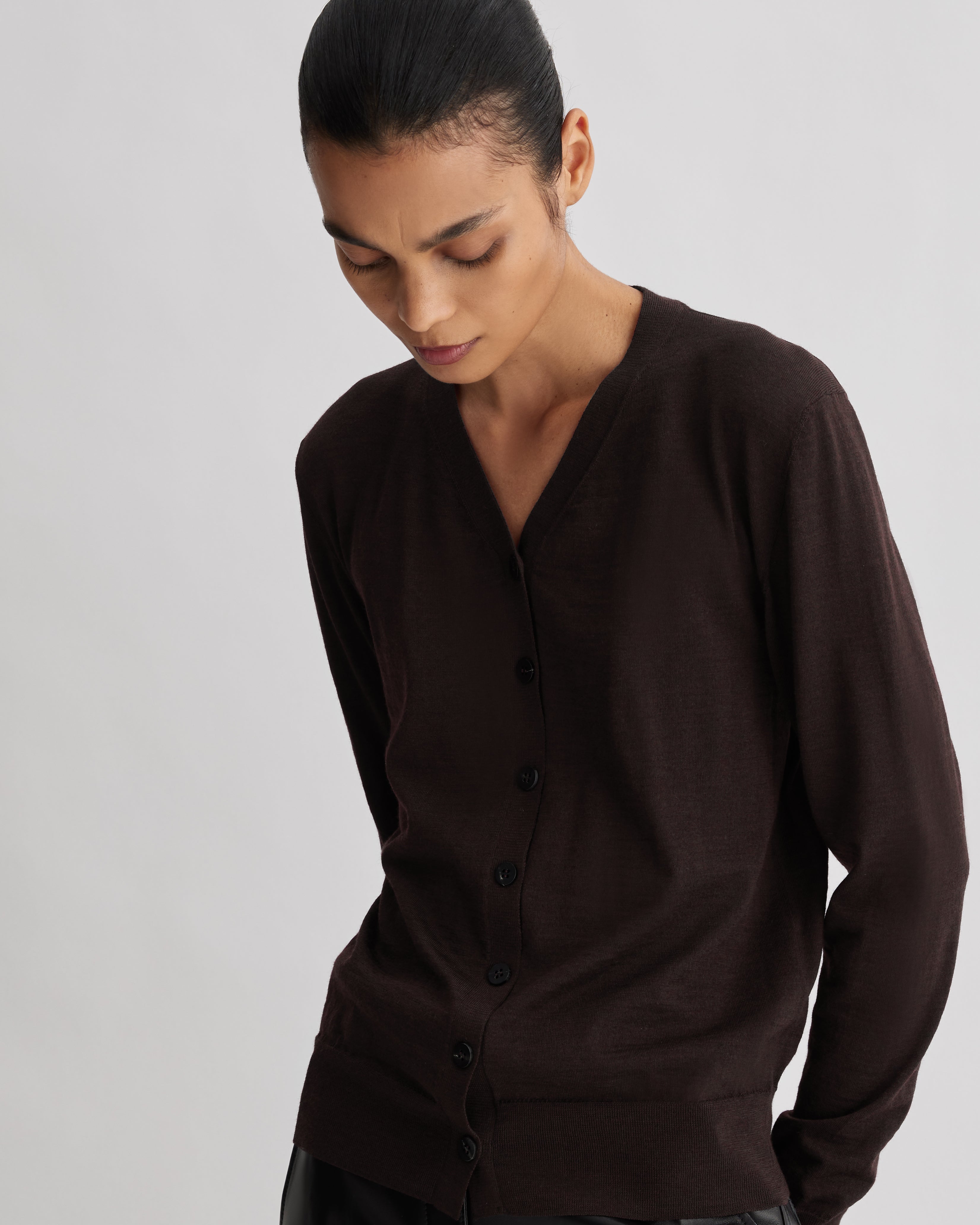Katie Cardigan in Merino Wool,  Chocolate - Veronica De Piante