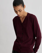 Katie Garnet Merino Wool Cardigan, stylish knitwear in deep red, featuring a cozy, soft texture and classic design.