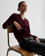 Katie Merino Wool Cardigan in Garnet, cozy knitwear with button details, designed for stylish, comfortable wear.