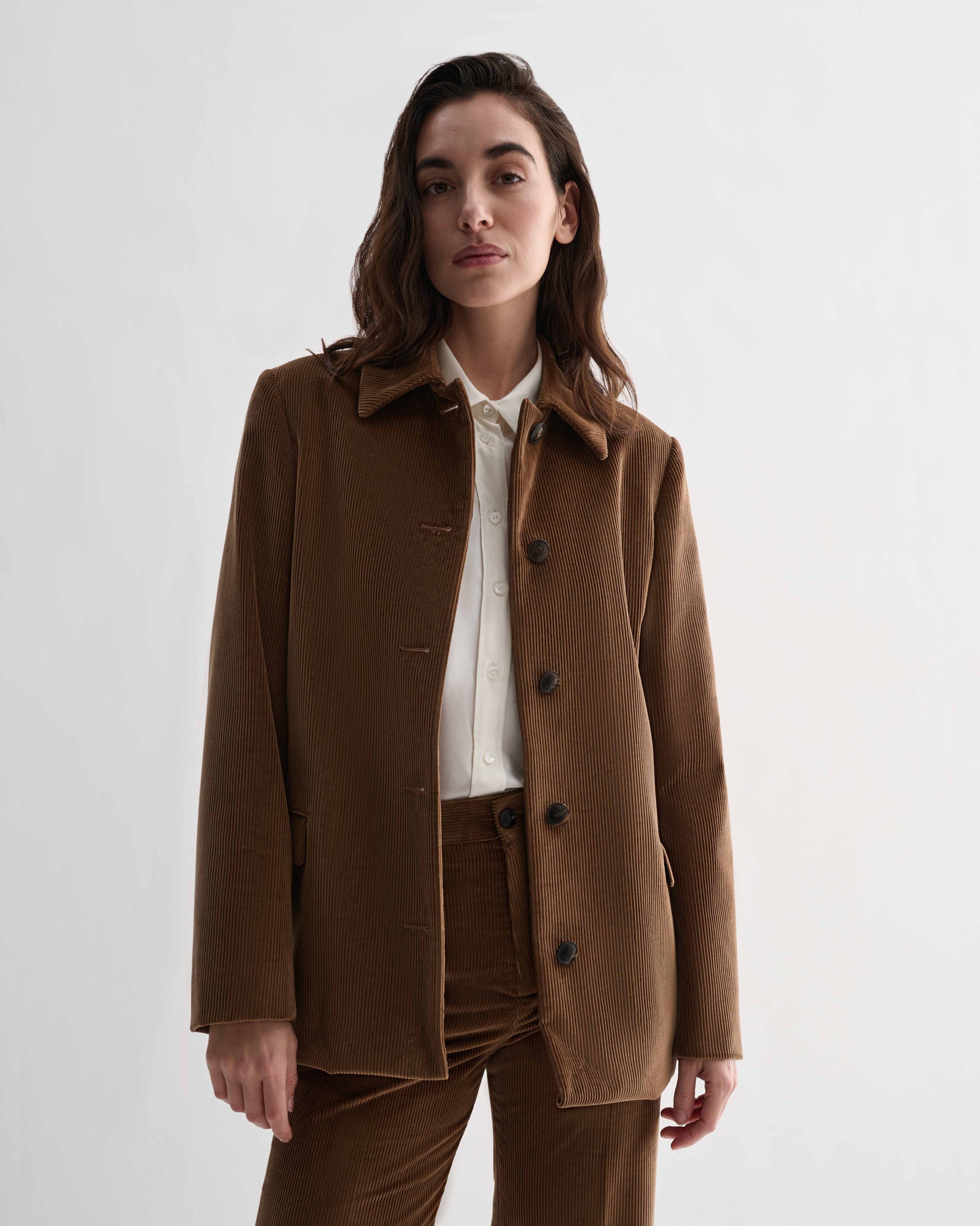 Camel corduroy Klara Jacket by Veronica de Piante. Structured women's coat with thick-wale ribbed texture and classic design