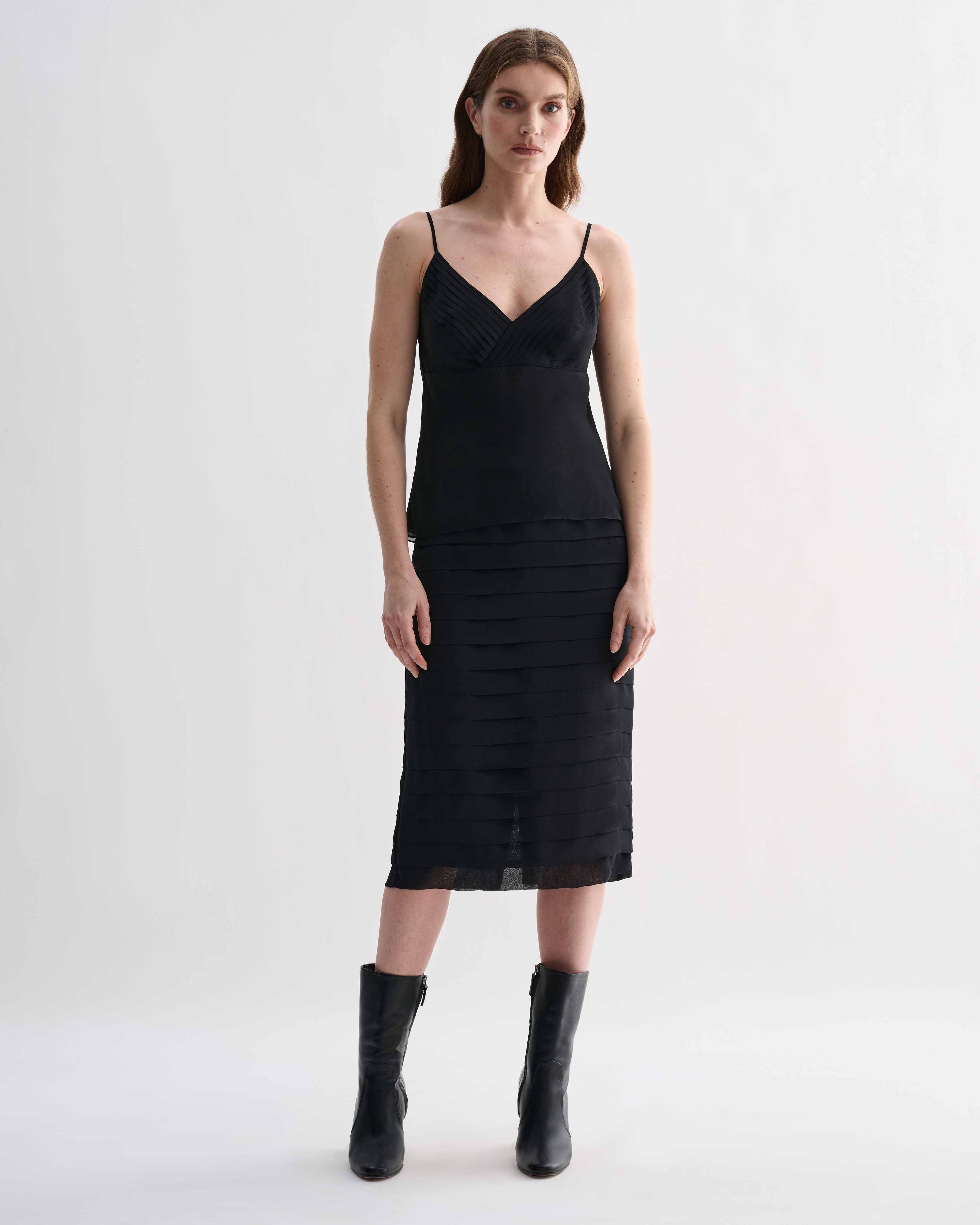 Black Lina camisole in lightweight georgette fabric by Veronica De Piante, featuring delicate straps and a flowing fit.