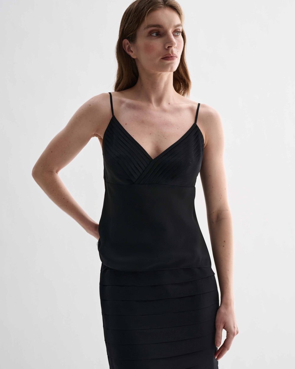 Black Lina camisole in Georgette fabric by Veronica De Piante, featuring delicate straps and flowing fit, perfect for elegant tops.