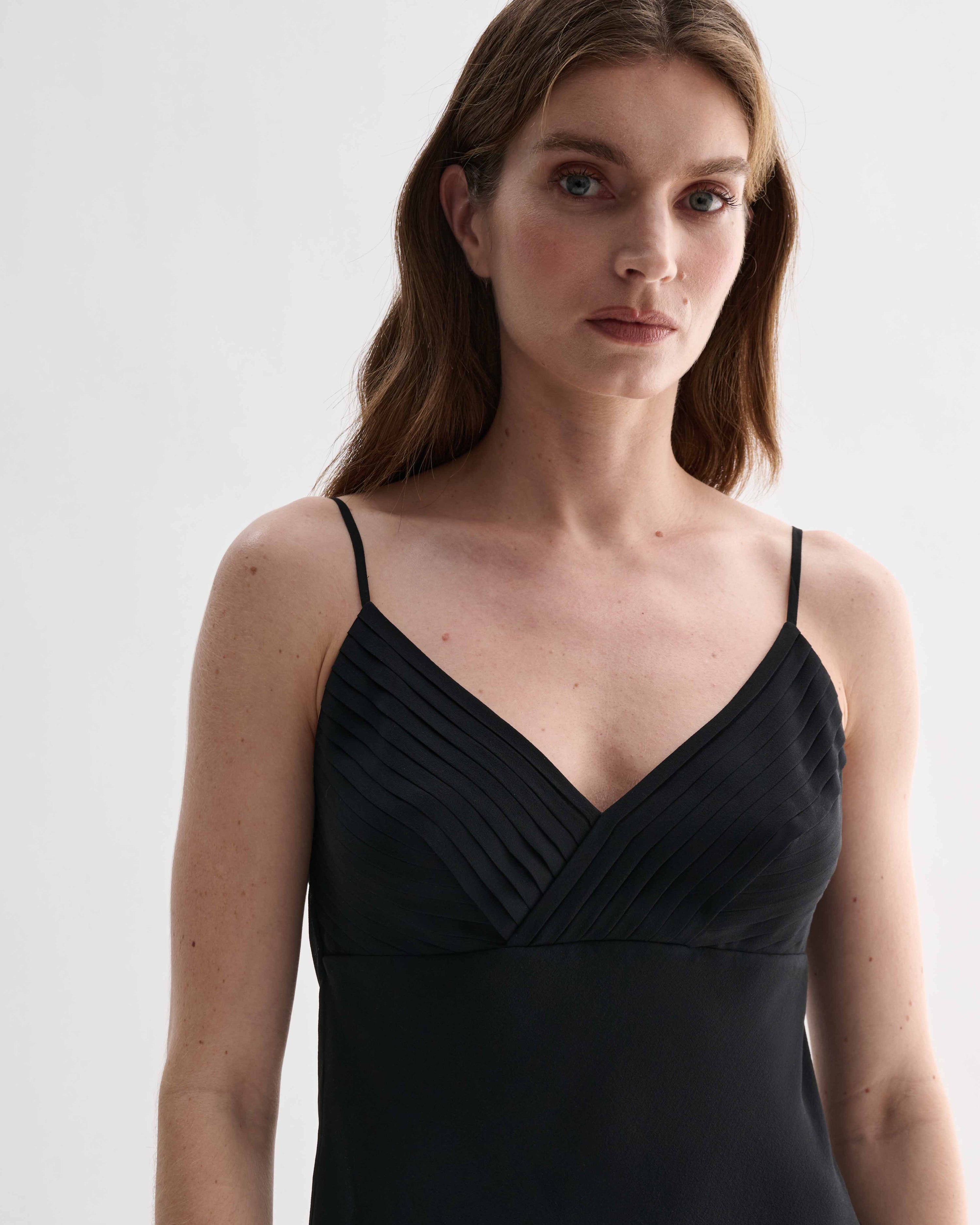 Black Lina camisole in georgette fabric by Veronica De Piante, featuring a stylish, flowy top with delicate straps.