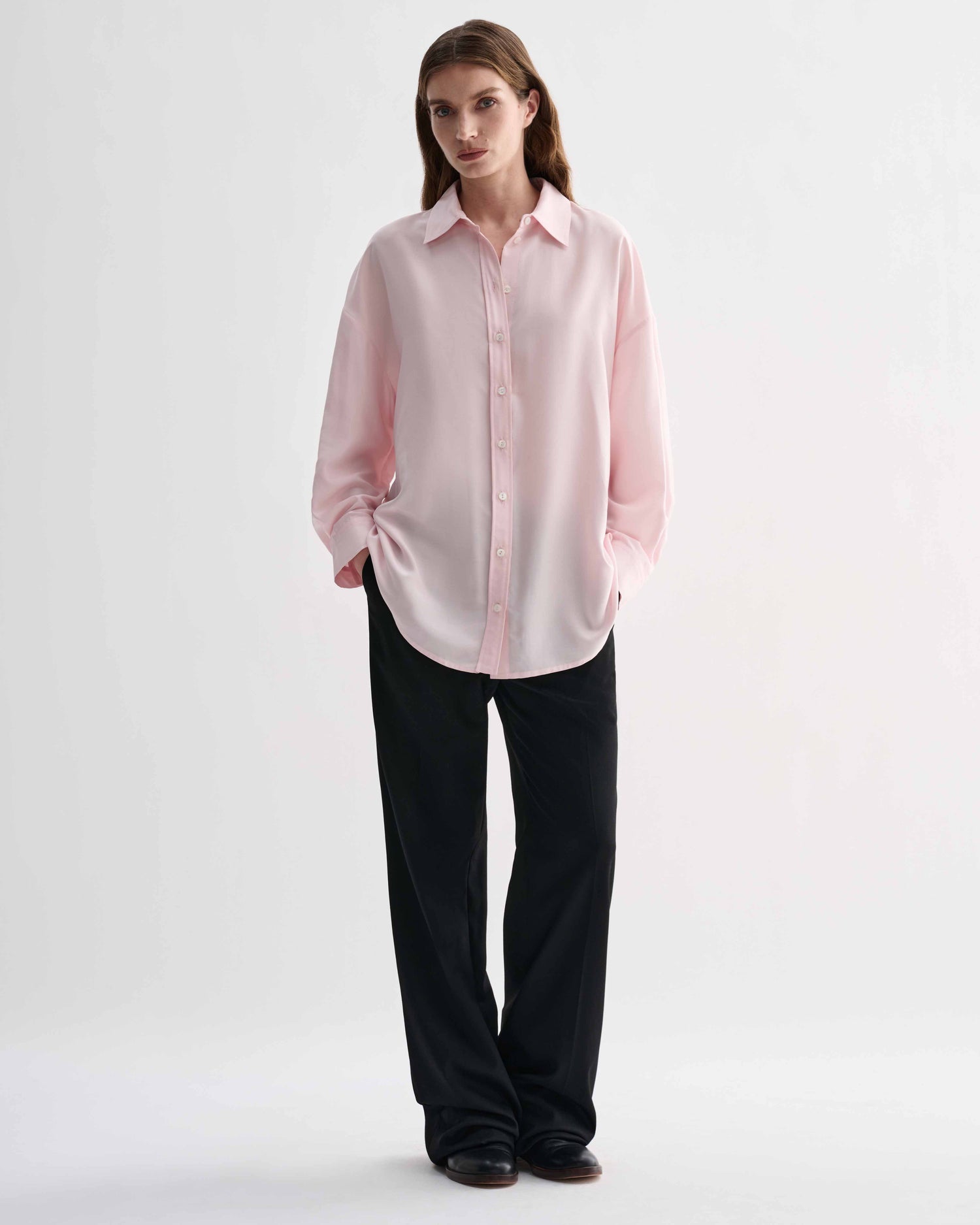 Pink silk Maren shirt by Veronica De Piante, featuring a soft, elegant blouse with a tailored fit and classic collar.