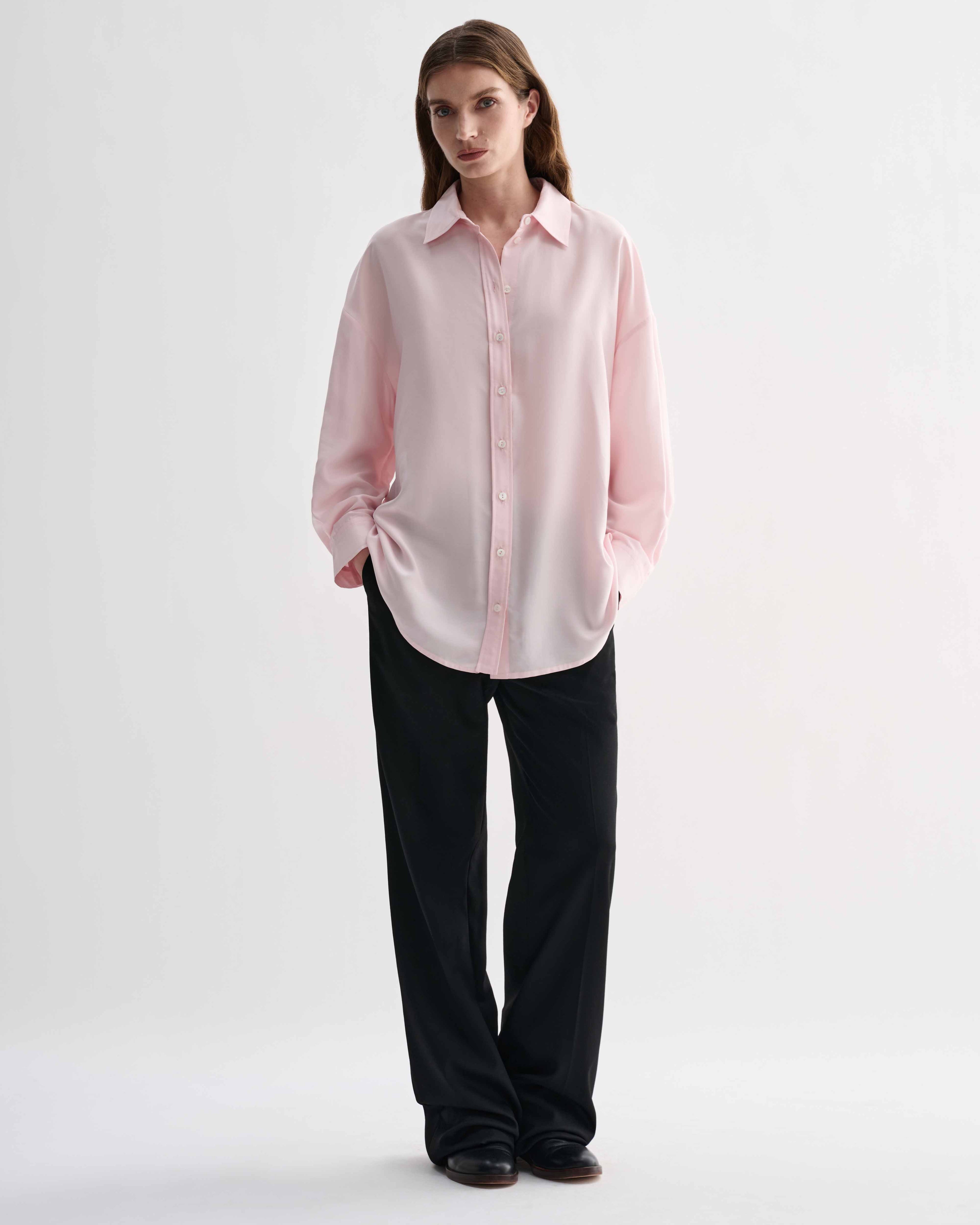 Pink silk Maren shirt by Veronica De Piante, featuring a soft, elegant blouse with a tailored fit and classic collar.