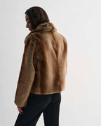 Camel Mireia faux fur cropped jacket, women's luxury coat with compact silhouette, model wearing soft cold-weather outerwear