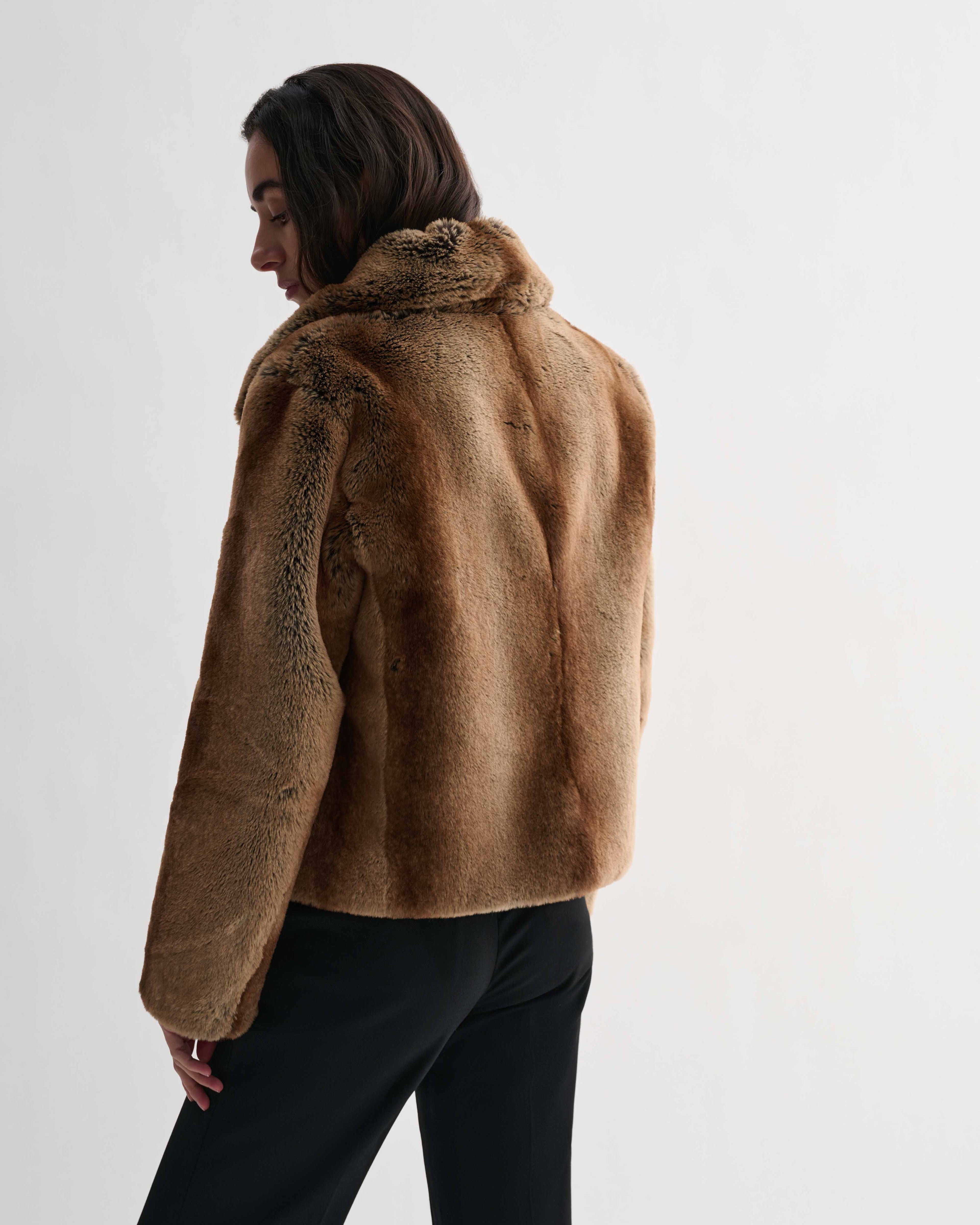 Camel Mireia faux fur cropped jacket, women's luxury coat with compact silhouette, model wearing soft cold-weather outerwear