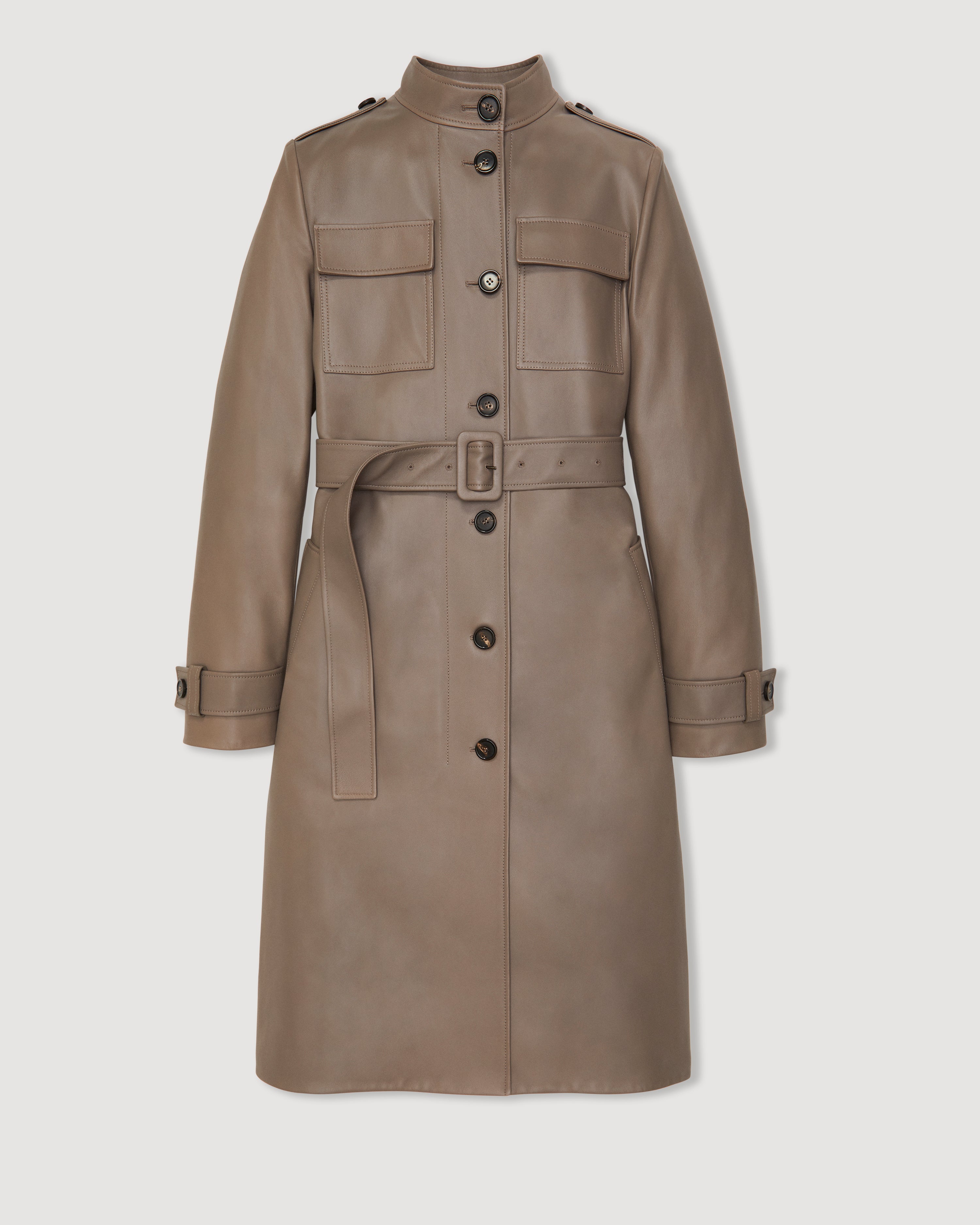 Celine Nappa leather coat in smog color, showcasing its sleek design and luxurious texture.