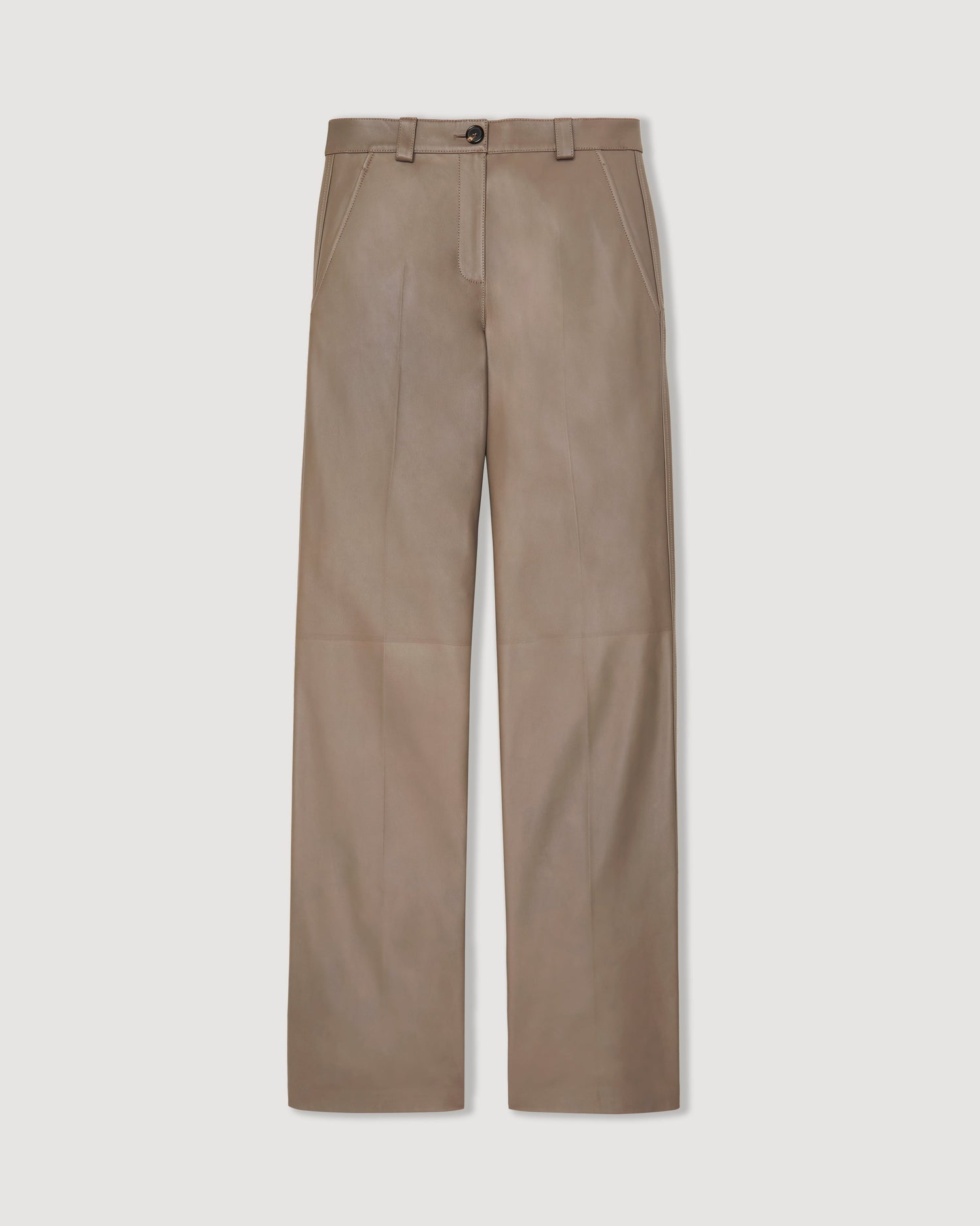 Veronica de Piante Avery Trouser in Nappa Leather, Smog color, showcasing the tailored fit and smooth leather texture.
