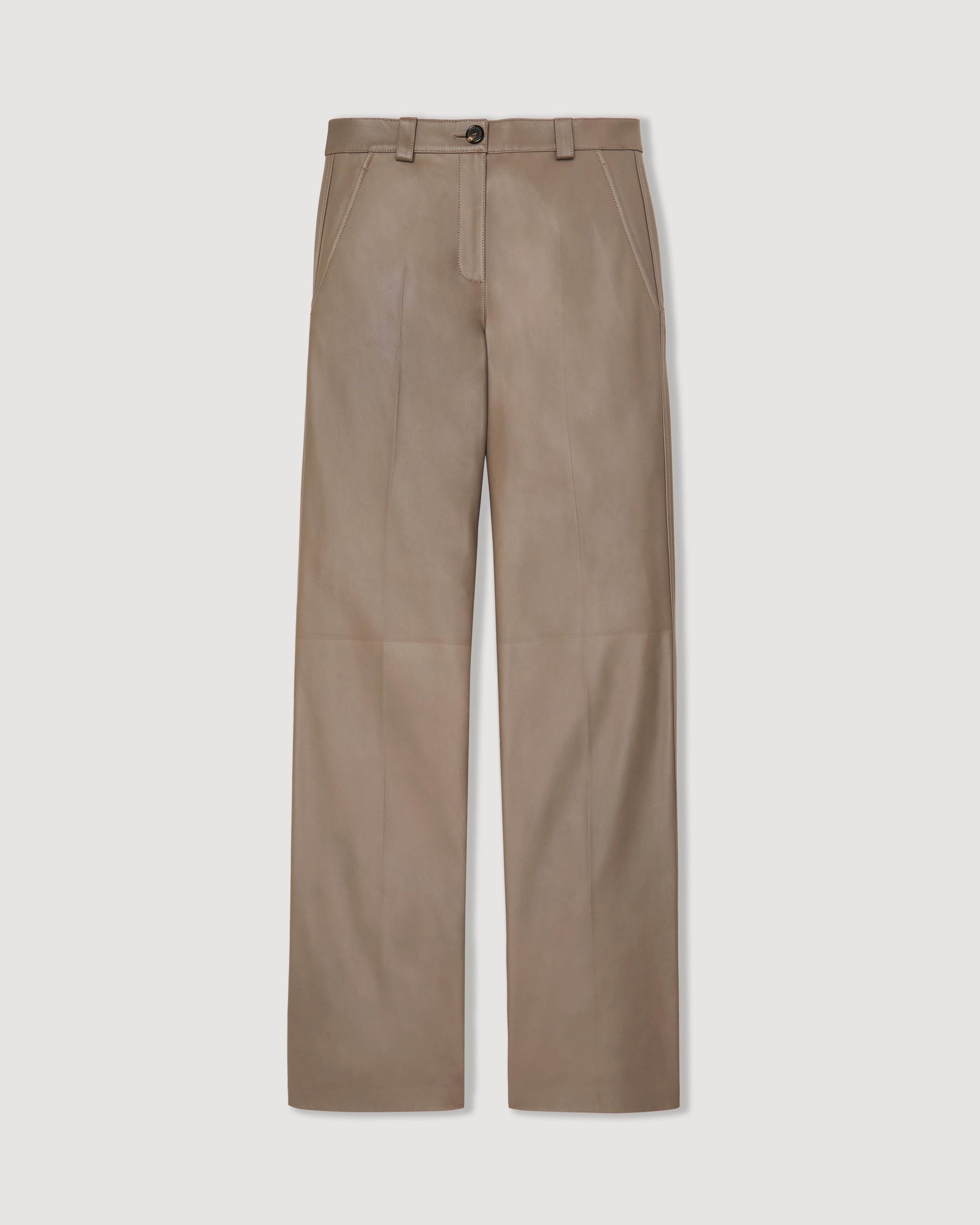 Veronica de Piante Avery Trouser in Nappa Leather, Smog color, showcasing the tailored fit and smooth leather texture.