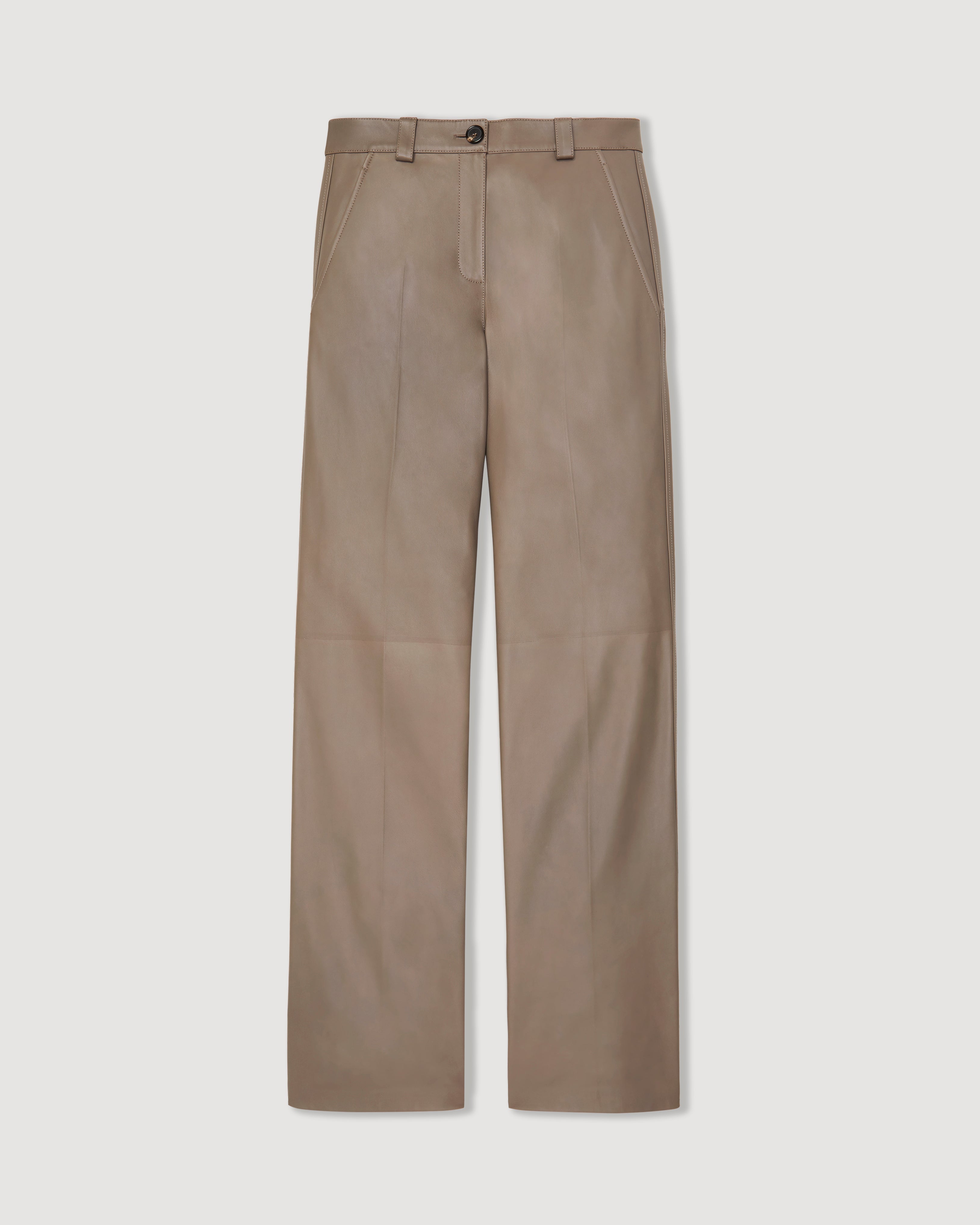 Veronica de Piante Avery Trouser in Nappa Leather, Smog color, showcasing the tailored fit and smooth leather texture.