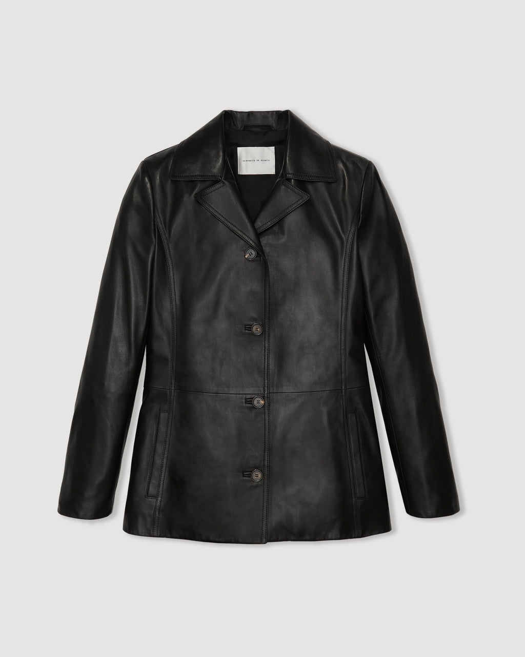 Black Blaire jacket in smooth Nappa leather by Veronica De Piante, featuring a sleek, fitted design perfect for stylish outerwear.