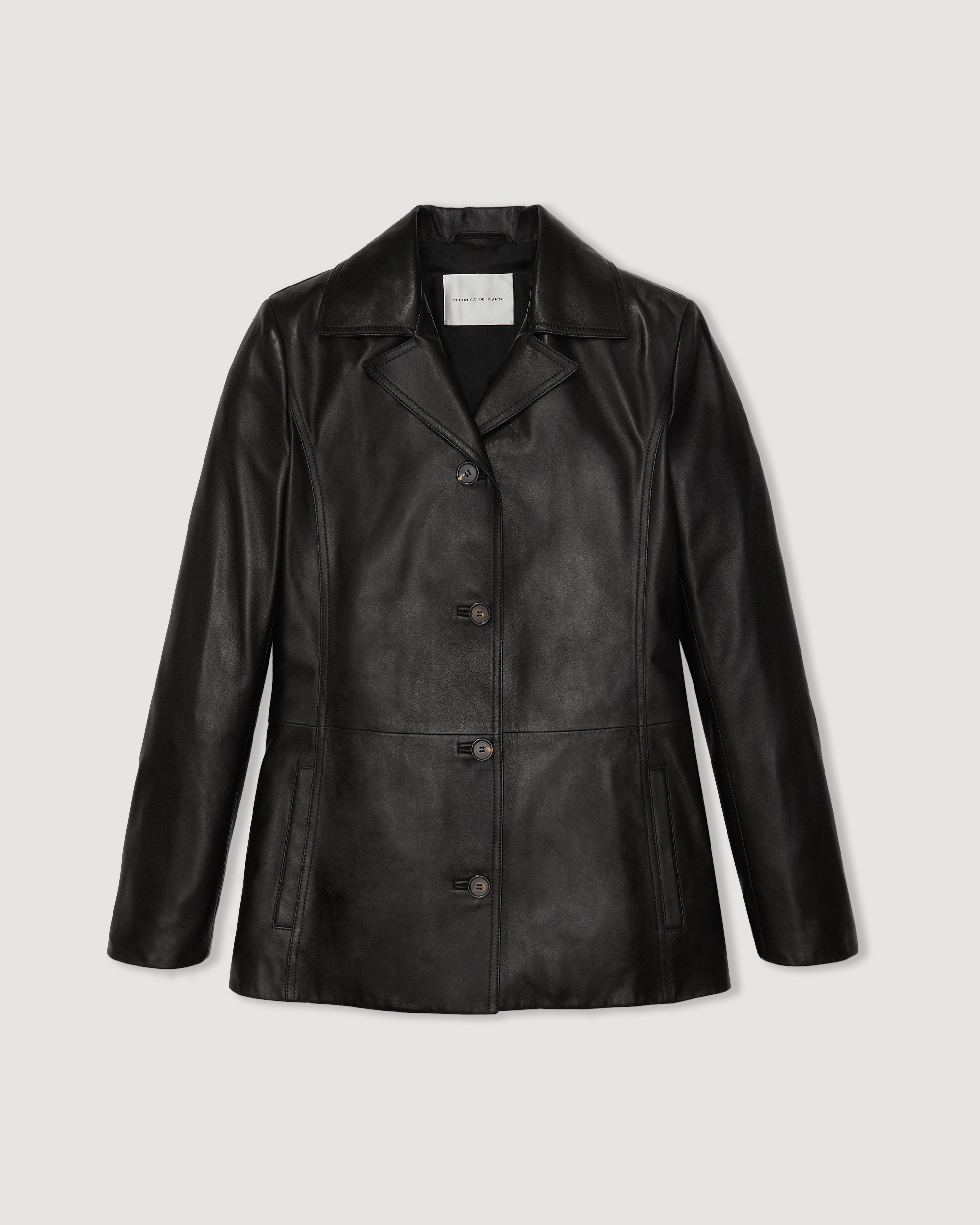 Black Blaire jacket in smooth Nappa leather by Veronica De Piante, featuring a sleek, fitted design perfect for stylish outerwear.