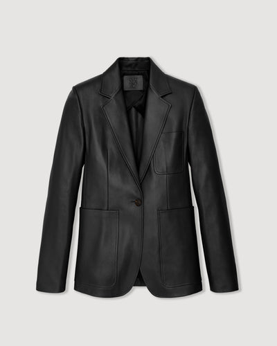 Black Faye Nappa Leather Jacket packshot. Tailored single breasted one button blazer with patch pockets