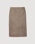 Phoebe Skirt packshot. Smog Nappa leather high-waisted midi skirt featuring front vent detail