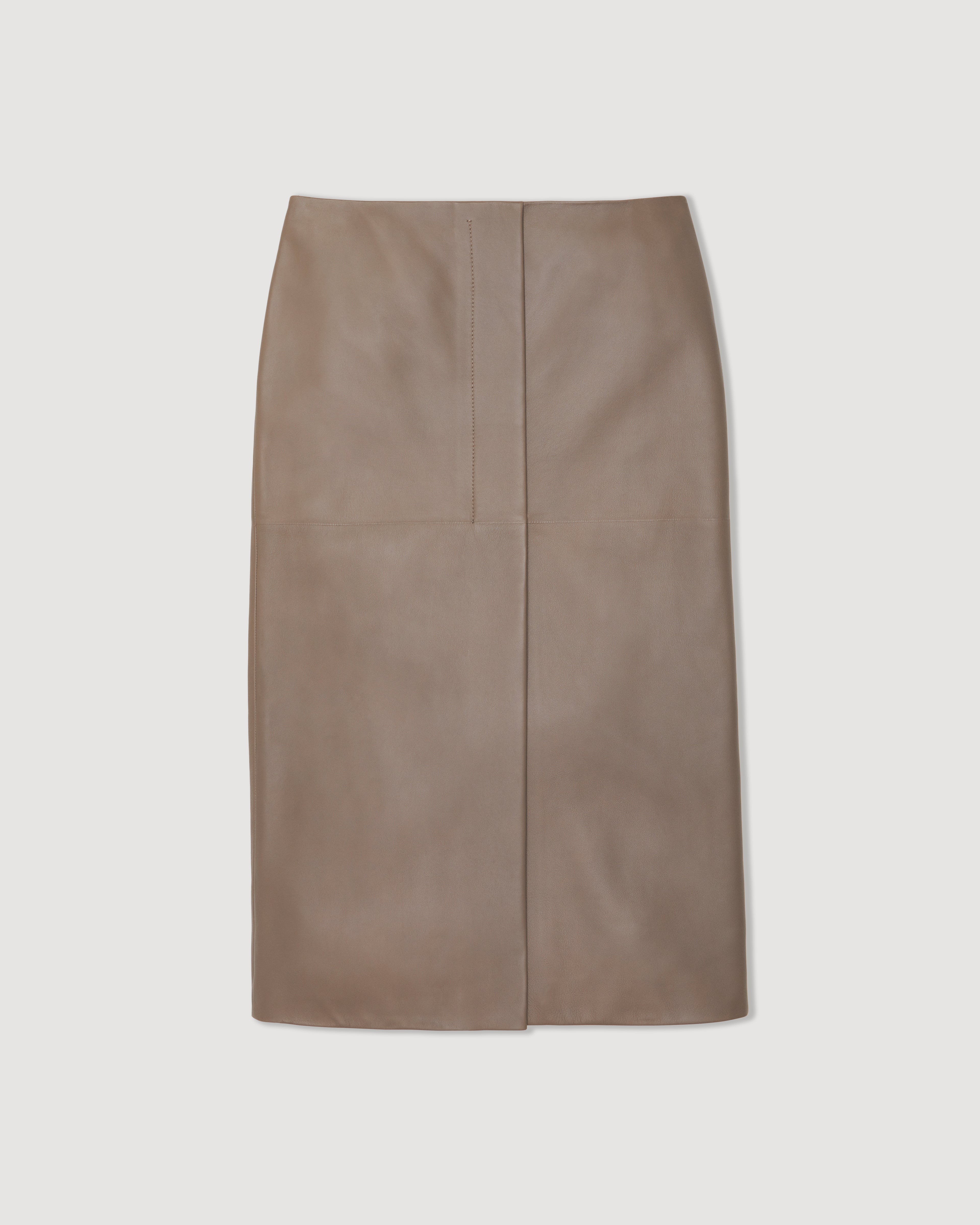 Phoebe skirt in smog Nappa leather, showcasing a sleek design and smooth texture, perfect for stylish outfits.