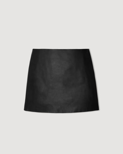 Black Nappa Leather Cecily Miniskirt, A-line cut, side zipper detail. Product packshot