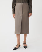 Phoebe skirt in smog-colored nappa leather, showcasing a sleek design and flattering silhouette.