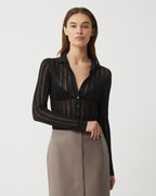 Black Lydia Silk Crepe Polo in knitwear style, featuring a sleek, fitted design with a classic collar and button front.