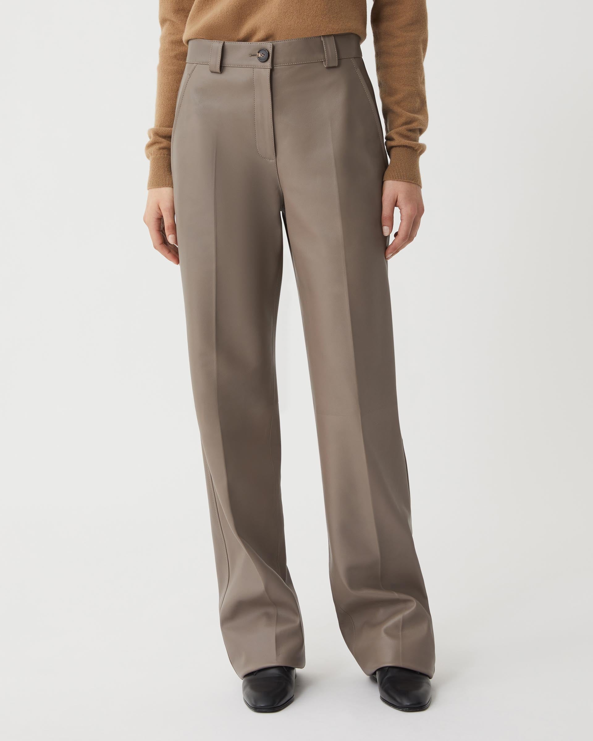 Veronica de Piante Avery Nappa Leather Trouser in Smog, stylish brown bottoms with a sleek, tailored fit.