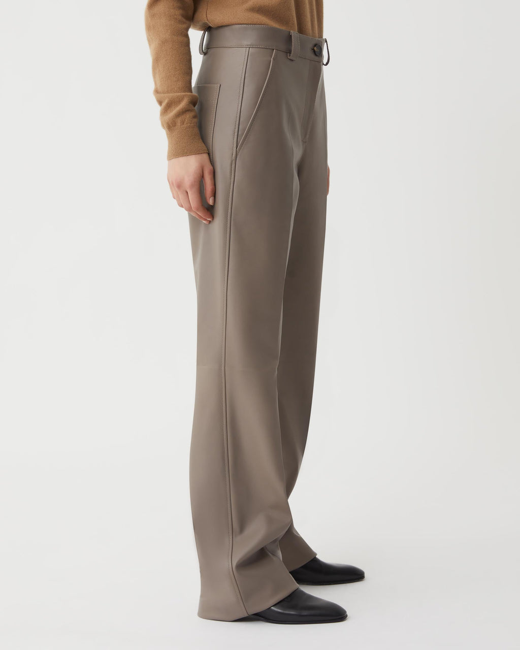 Veronica de Piante Avery Nappa Leather Trouser in Smog, stylish brown bottoms with a sleek, tailored fit.
