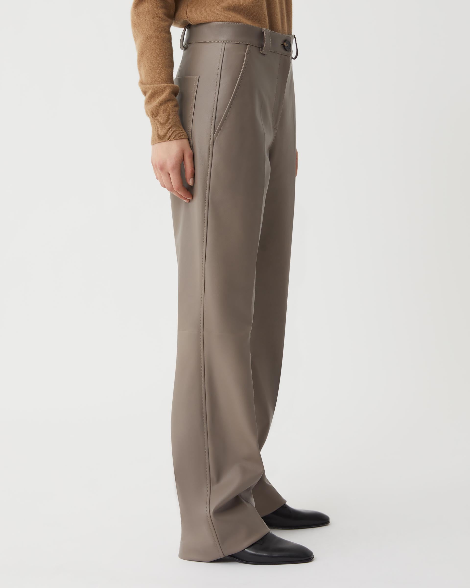 Veronica de Piante Avery Nappa Leather Trouser in Smog, stylish brown bottoms with a sleek, tailored fit.