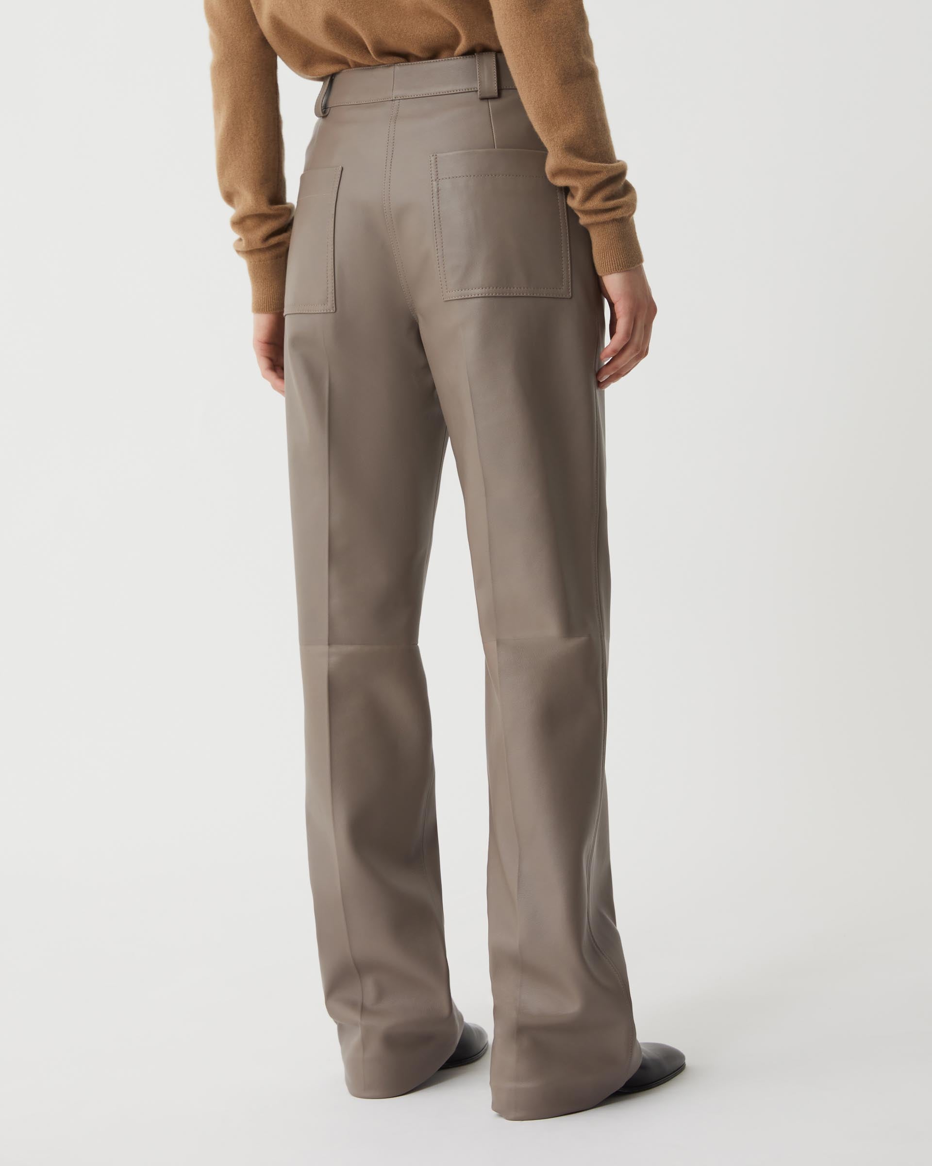 Veronica de Piante Avery Nappa Leather Trousers in Smog, stylish brown bottoms with a tailored fit and sleek leather texture.