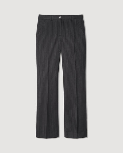 Avery grey wool striped suiting trousers, mid-rise tailored straight leg, slash pockets, zipper, horn button packshot