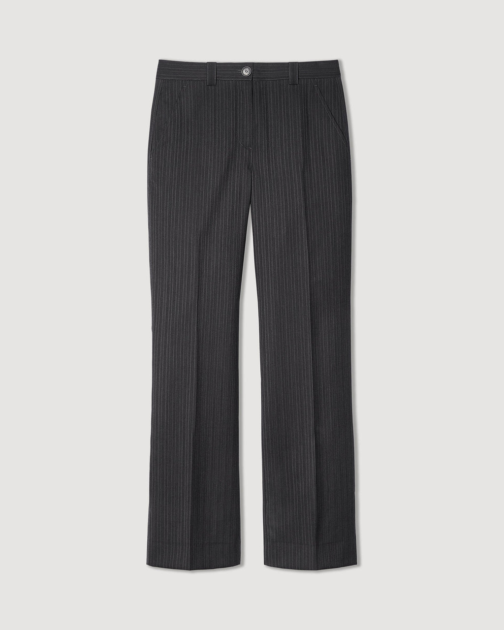 Veronica De Piante Avery Wool Striped Suiting Grey Trousers, tailored bottoms with a classic striped pattern.